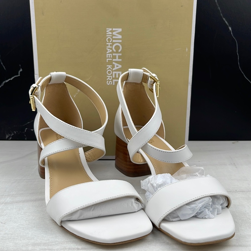 Michael Michael Kors Diane Mid Leather Heel Sandals Optic White 6M
